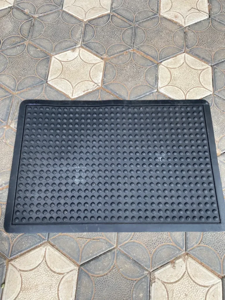Black anti fatigue mat for kitchens and workstations, top view